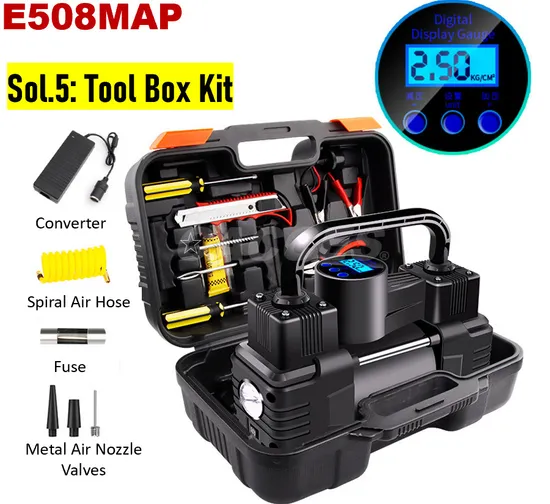 Tire Inflator Heavy Duty Double Cylinders W/Portable Bag/Toolbox,Metal 12V Air Compressor Pump 150psi W/Multi Adapter for Car,Truck,SUV Tire,Dinghy,Air Bed etc. 